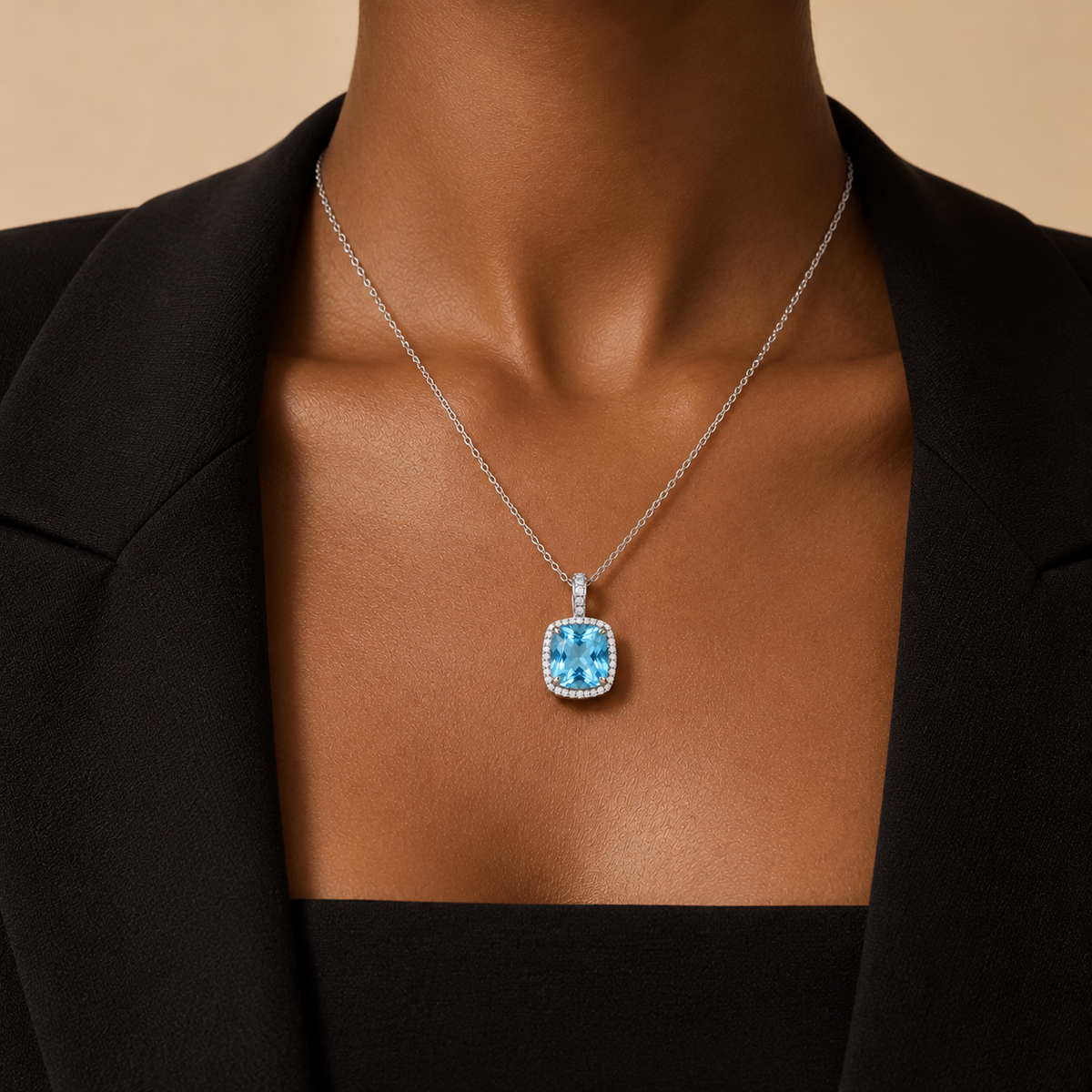 THE AZURE – 14K White Gold Cushion-Cut Aquamarine & Diamond Halo Pendant Necklace 2.95 TCW