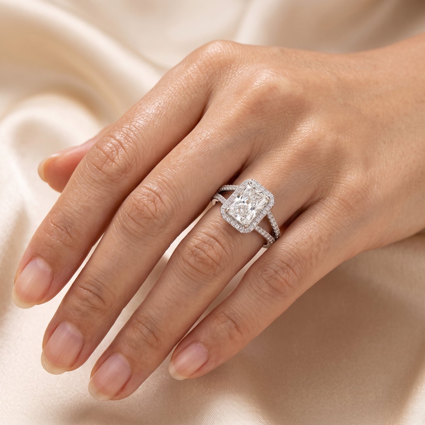 Lab-Grown Radiant Diamond Halo Split-Shank Ring – 2.68 CTW in 14K White Gold