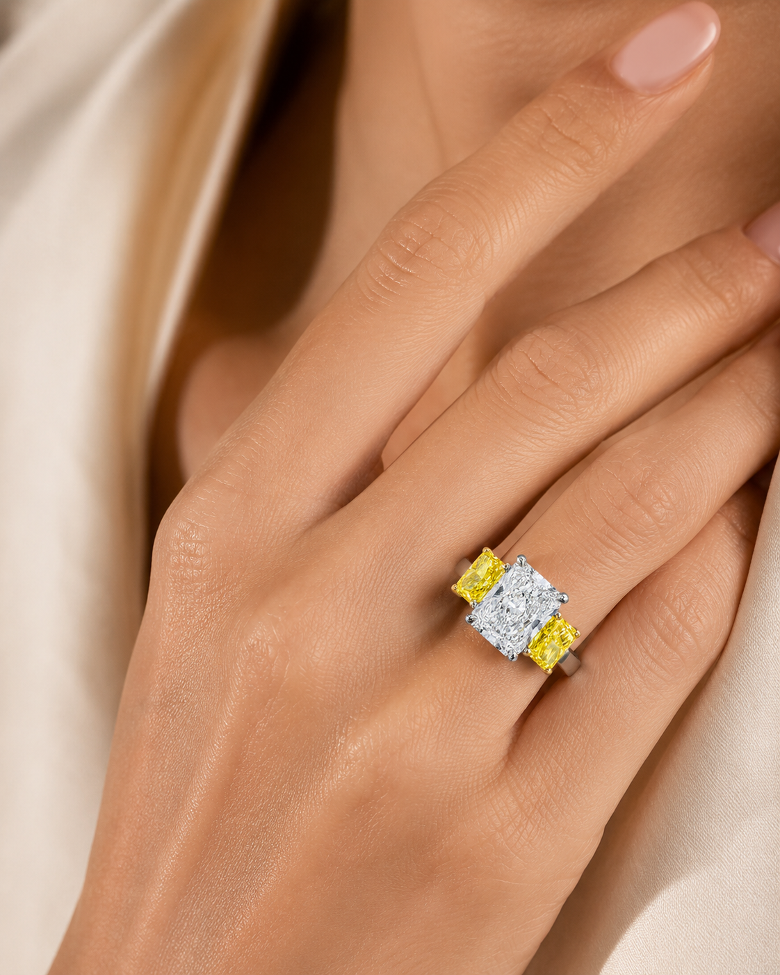 Lab-Grown Radiant Three-Stone Diamond Ring – 14K White & Yellow Gold