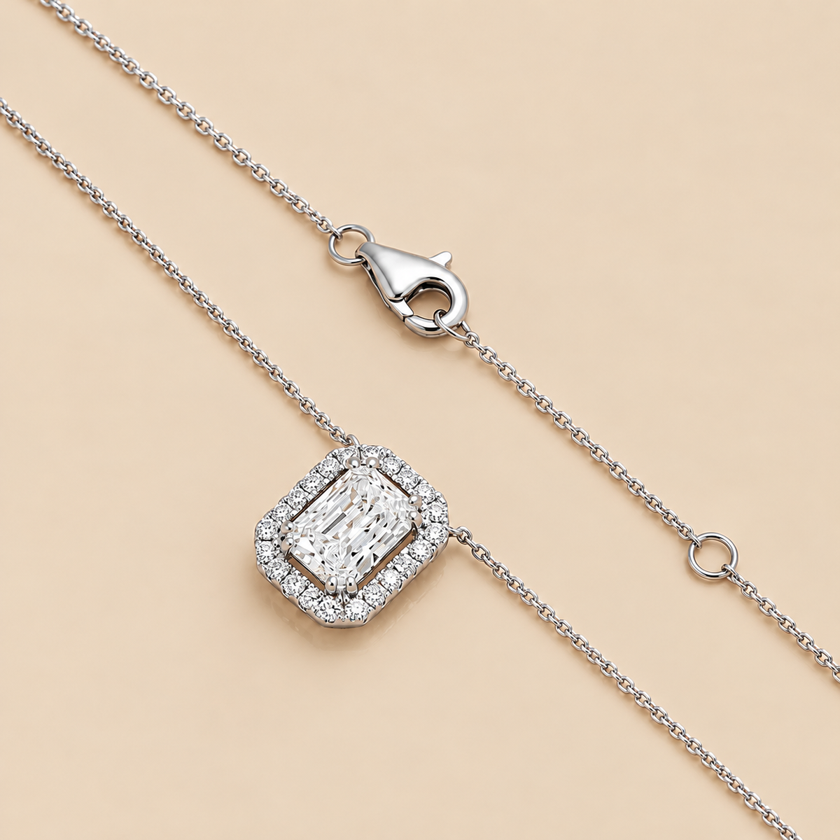 THE REVERIE – 14K White Gold Lab-Grown Radiant-Cut Diamond Halo Pendant Necklace