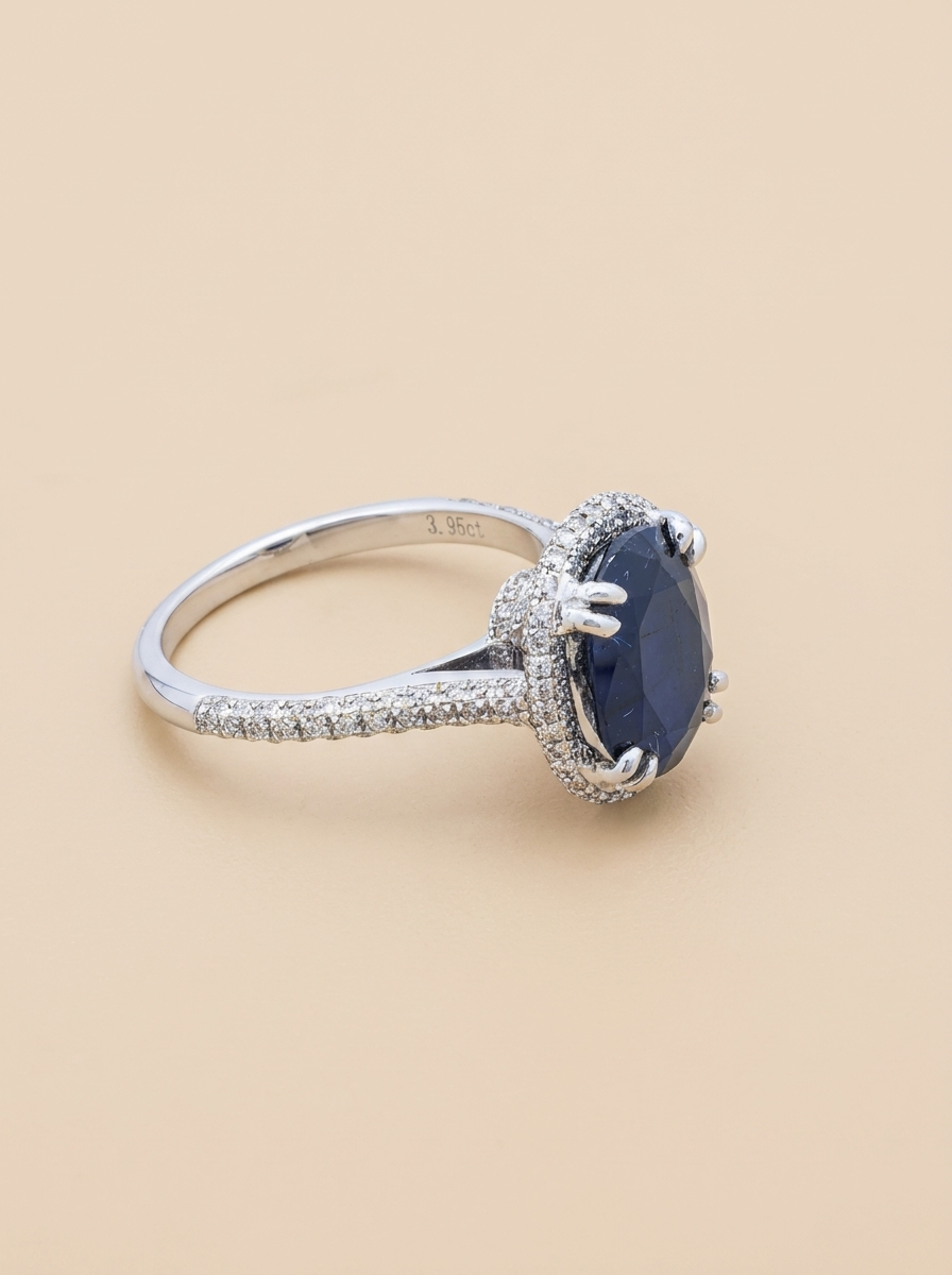 THE NOCTURNE – 18K White Gold Oval-Cut Blue Sapphire & Diamond Double Halo Ring 4.50 TCW