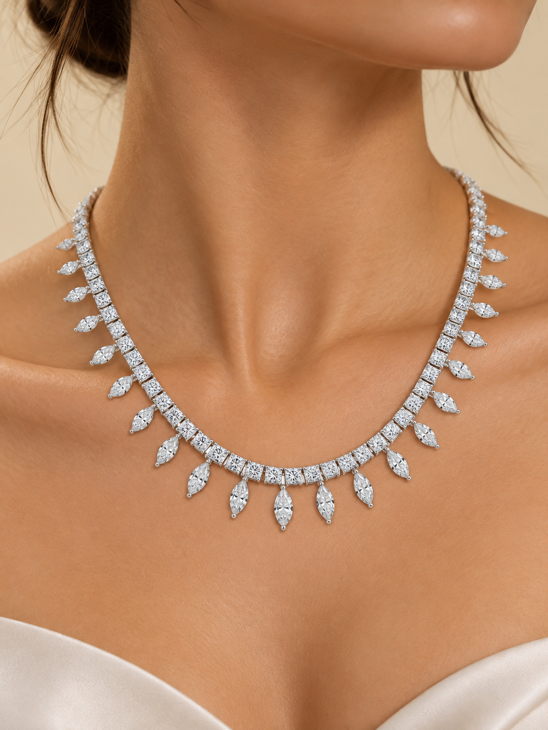 THE LUCKY STORY - White Gold Natural Marquise Diamond Fringe Necklace