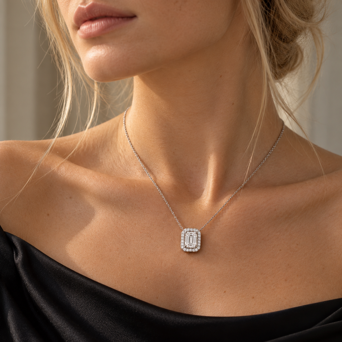 THE REVERIE – 14K White Gold Lab-Grown Radiant-Cut Diamond Halo Pendant Necklace