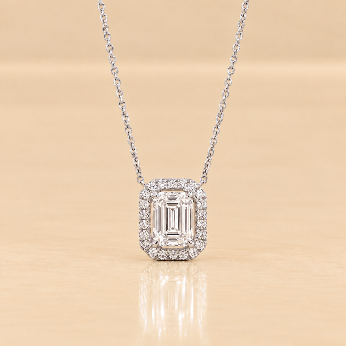 THE REVERIE – 14K White Gold Lab-Grown Radiant-Cut Diamond Halo Pendant Necklace