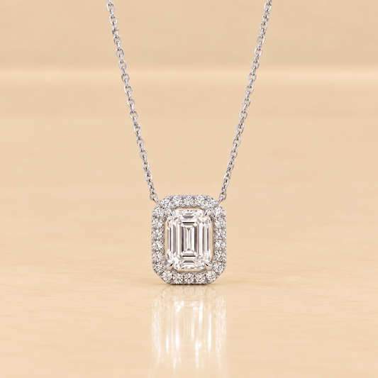 THE REVERIE – 14K White Gold Lab-Grown Radiant-Cut Diamond Halo Pendant Necklace