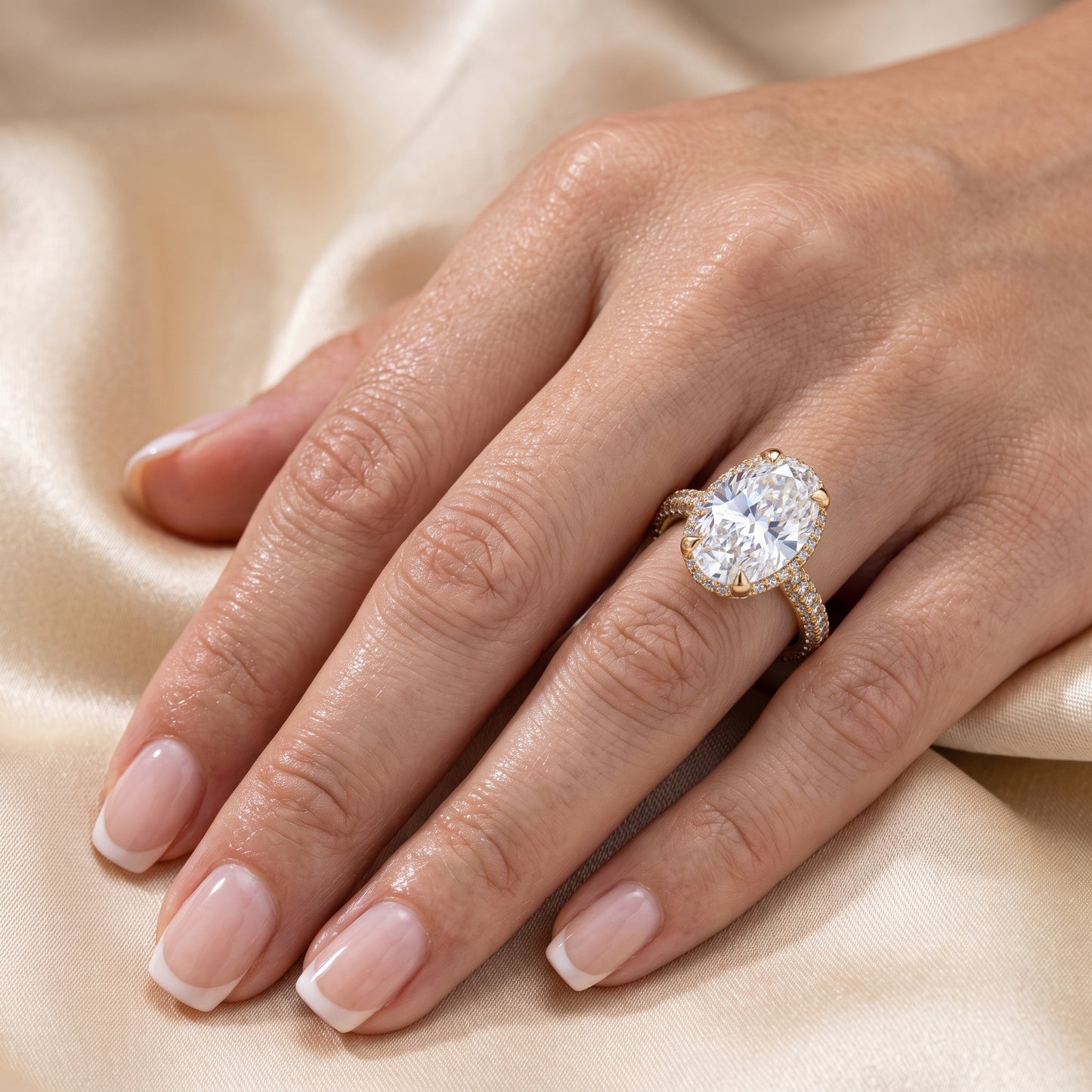 Lab-Grown Oval Diamond Halo Ring – 6.42 CTW in 14K Yellow Gold