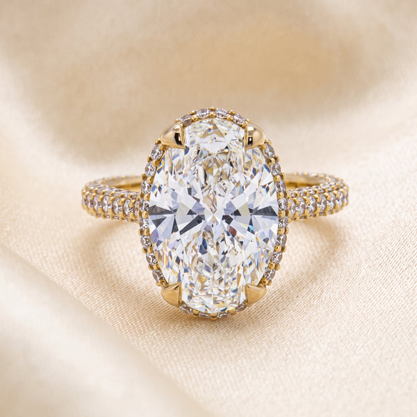 Lab-Grown Oval Diamond Halo Ring – 6.42 CTW in 14K Yellow Gold