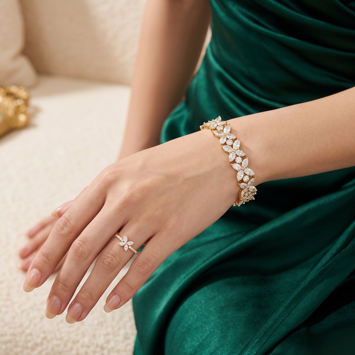 Natural Diamond Floral Bracelet – 14K Yellow Gold