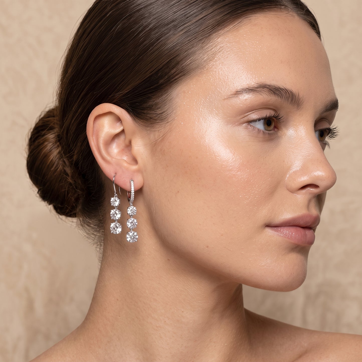 Lab-Grown Round Diamond Three-Stone Hoop Earrings – 2.59 CTW | 14K White Gold | E-F Color, VS1-VS2 Clarity