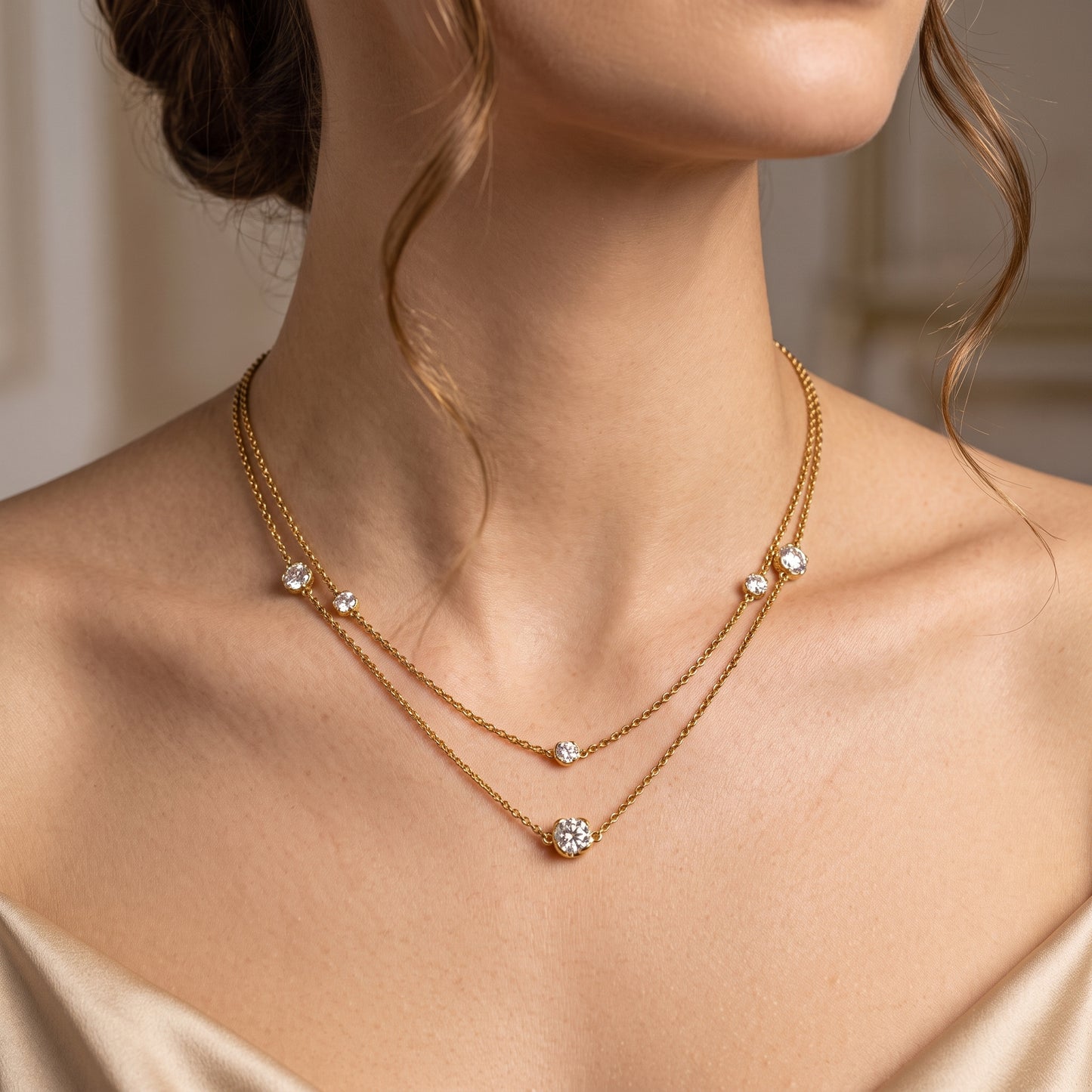 Lab-Grown Diamond Station Layered Necklace – 7.48 CTW in 14K Yellow Gold