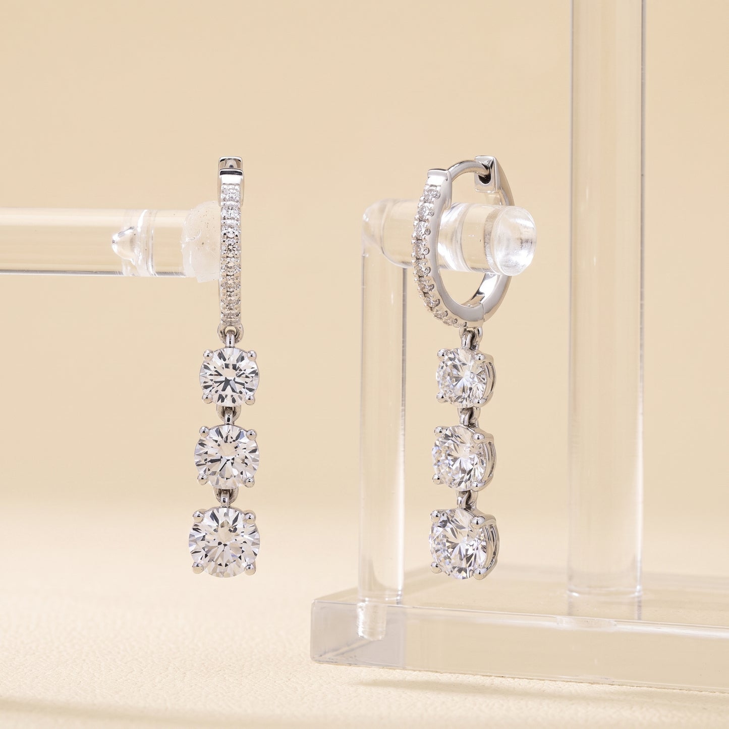 Lab-Grown Round Diamond Three-Stone Hoop Earrings – 2.59 CTW | 14K White Gold | E-F Color, VS1-VS2 Clarity