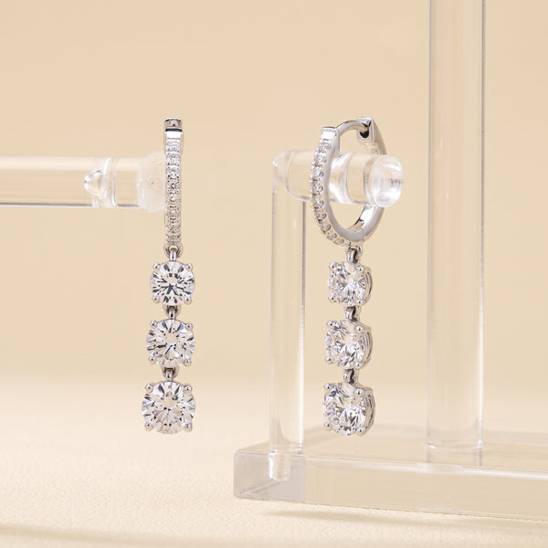 Lab-Grown Round Diamond Three-Stone Hoop Earrings – 2.59 CTW | 14K White Gold | E-F Color, VS1-VS2 Clarity