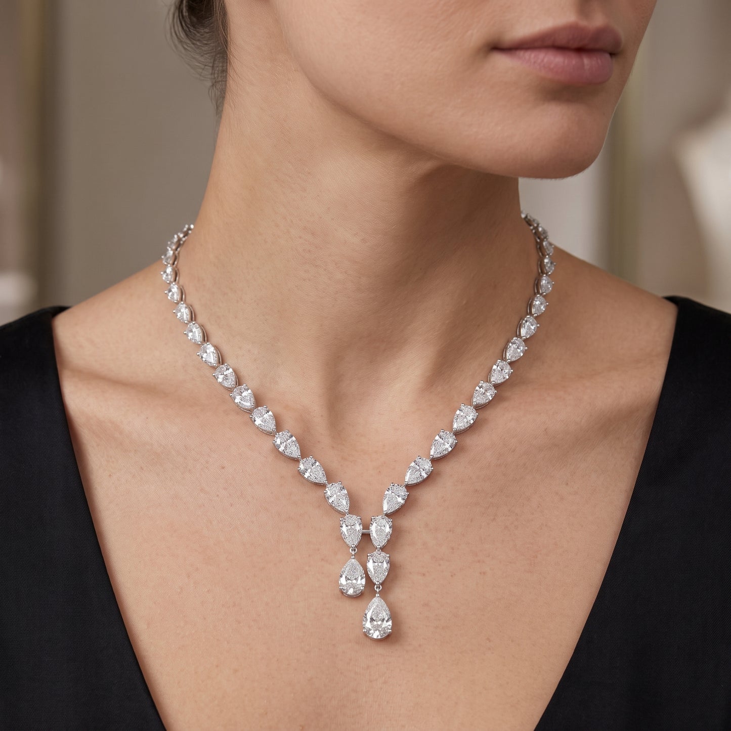 Lab-Grown Pear Diamond Drop Necklace – 14K White Gold