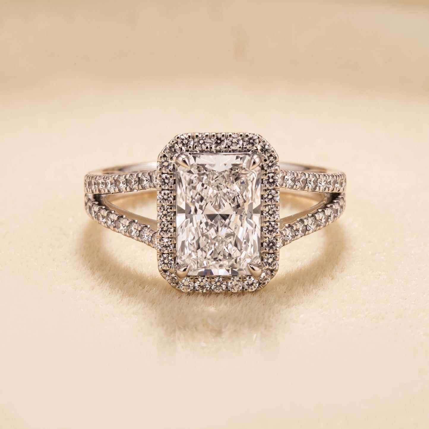 Lab-Grown Radiant Diamond Halo Split-Shank Ring – 2.68 CTW in 14K White Gold