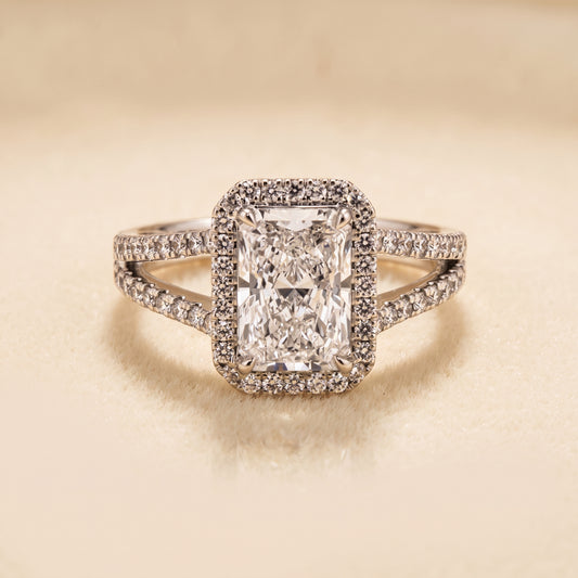 Lab-Grown Radiant Diamond Halo Split-Shank Ring – 2.68 CTW in 14K White Gold