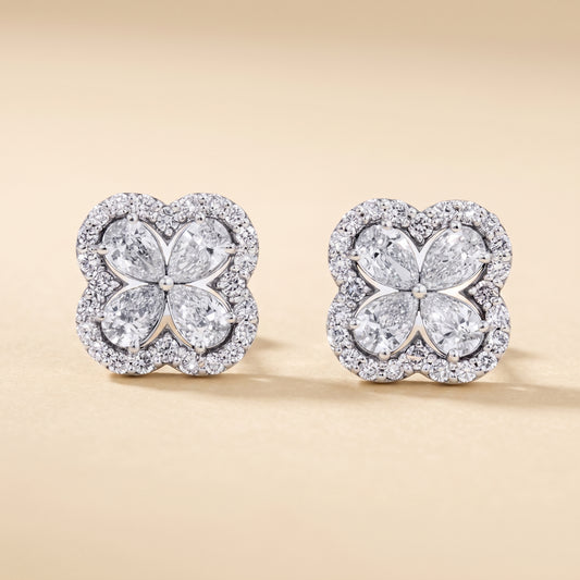 14K White Gold Diamond Floral Cluster Stud Earrings
