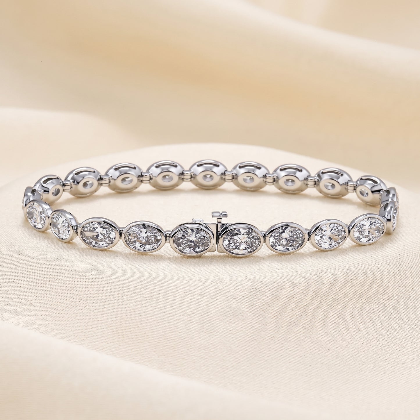 Lab-Grown Oval Diamond Bezel Tennis Bracelet – 16.59 CTW in 14K White Gold