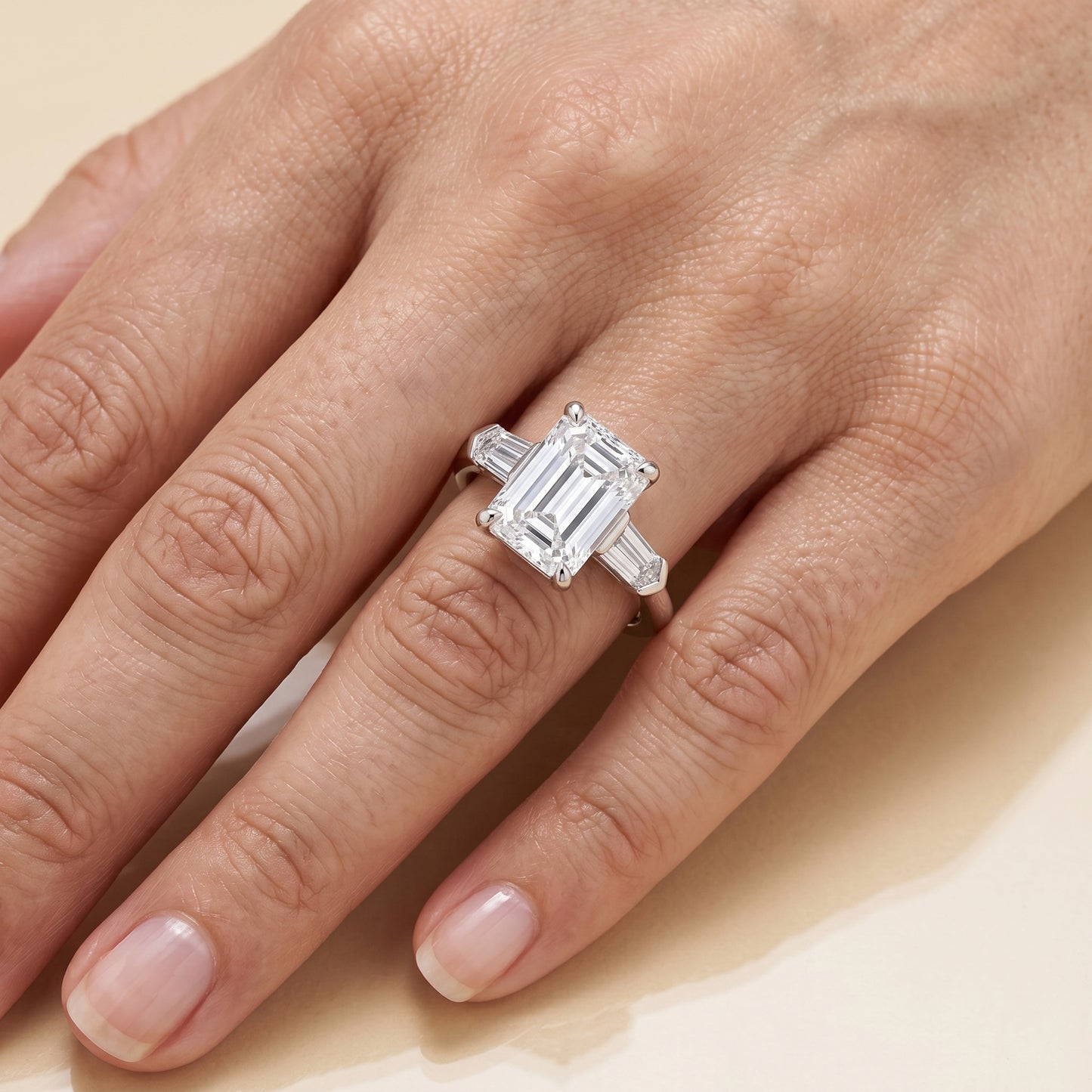 Lab-Grown Emerald-Cut Three-Stone Diamond Ring – 3.77 CTW in 14K