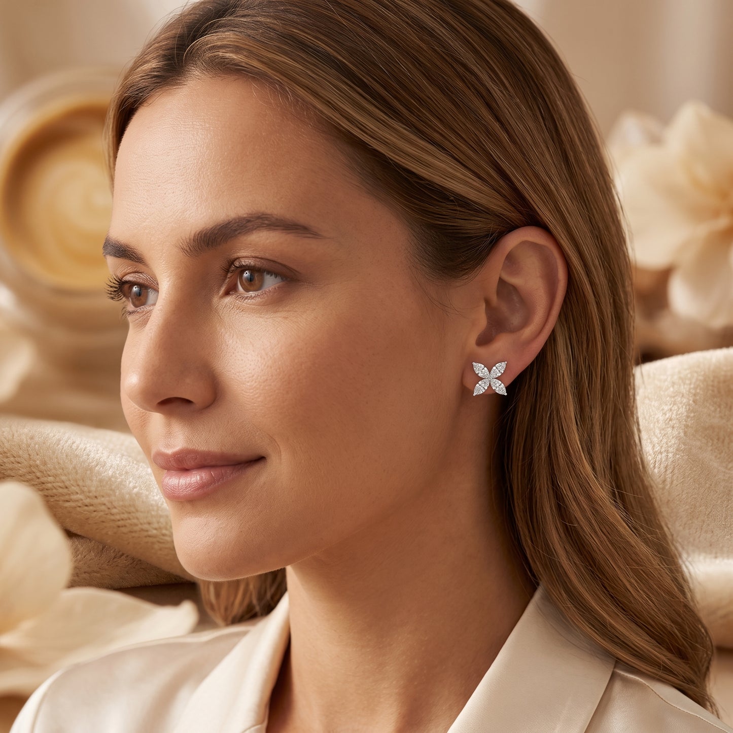 18K White Gold Lab-Grown Diamond Floral Stud Earrings – 1.14 CTW | E-F Color, VS1-VS2 Clarity