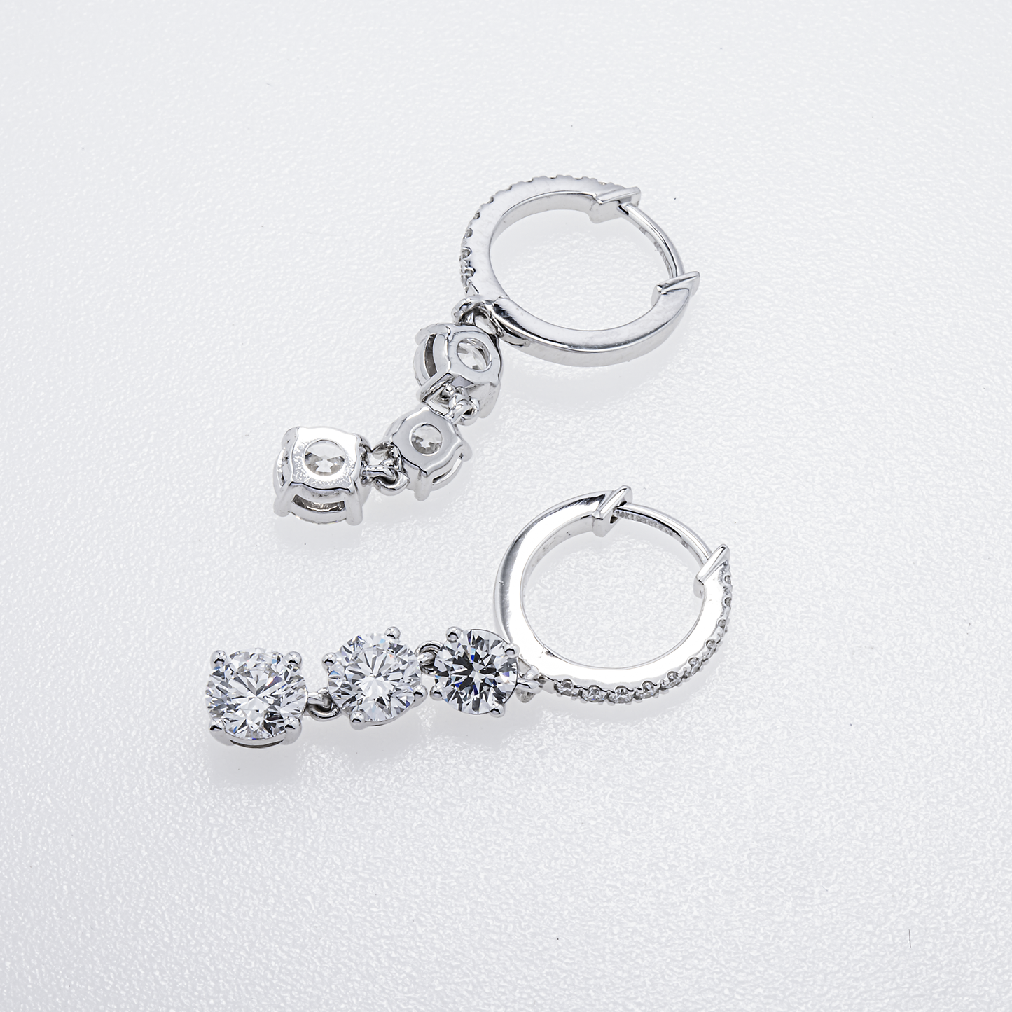 Lab-Grown Round Diamond Three-Stone Hoop Earrings – 2.59 CTW | 14K White Gold | E-F Color, VS1-VS2 Clarity