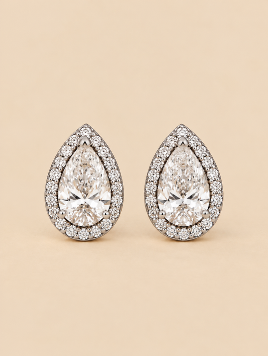 THE ENCHANTMENT – 14K White Gold Lab-Grown Pear Diamond Halo Stud Earrings 2.50 TCW