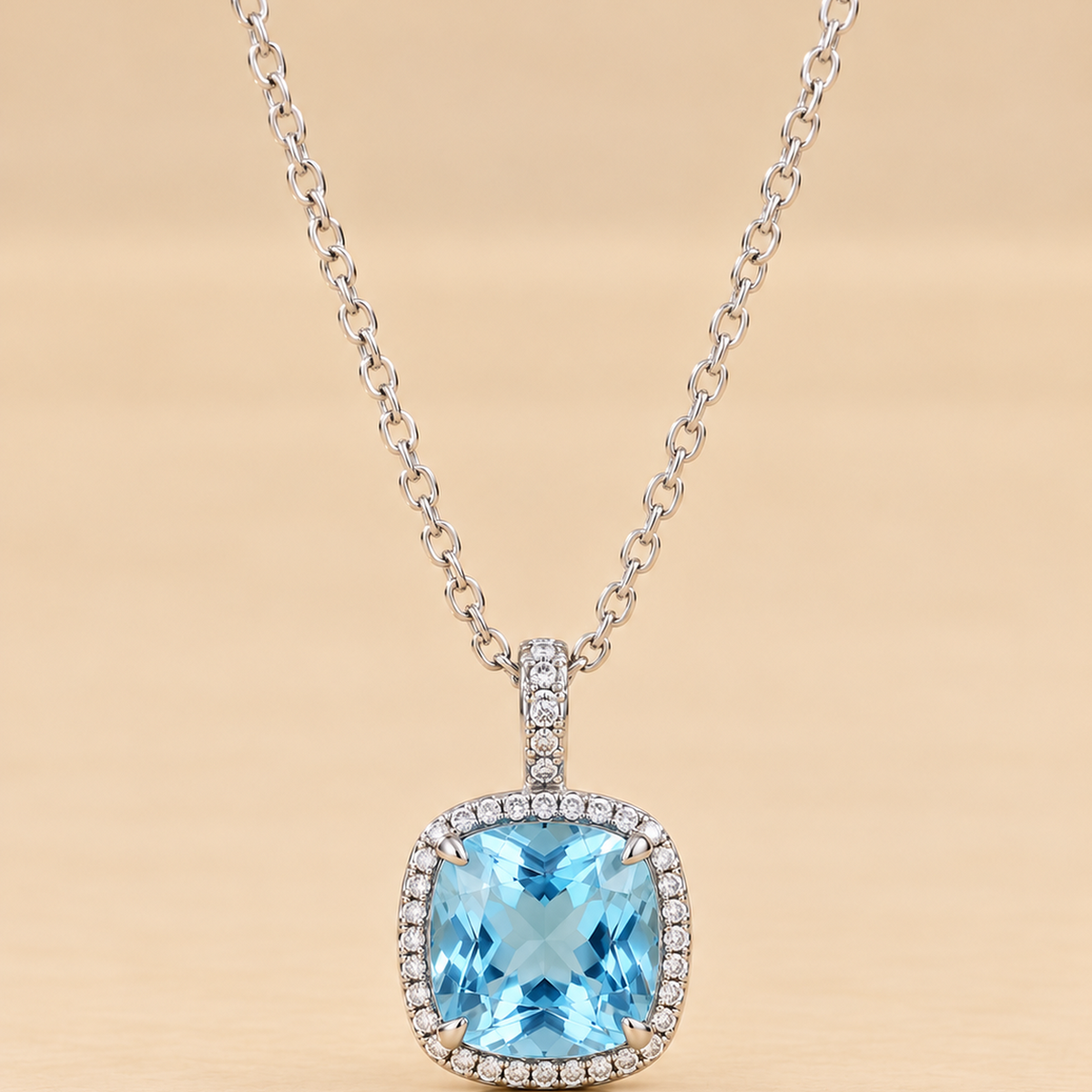THE AZURE – 14K White Gold Cushion-Cut Aquamarine & Diamond Halo Pendant Necklace 2.95 TCW
