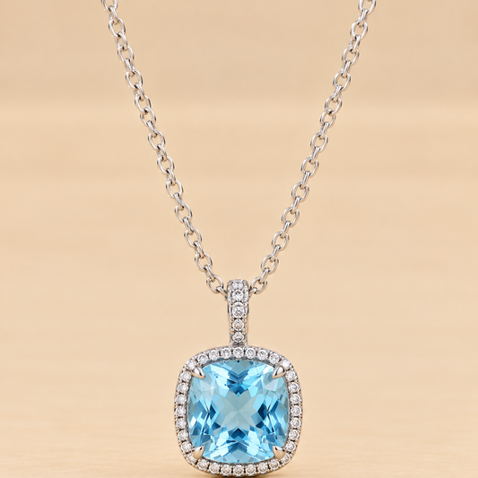 THE AZURE – 14K White Gold Cushion-Cut Aquamarine & Diamond Halo Pendant Necklace 2.95 TCW