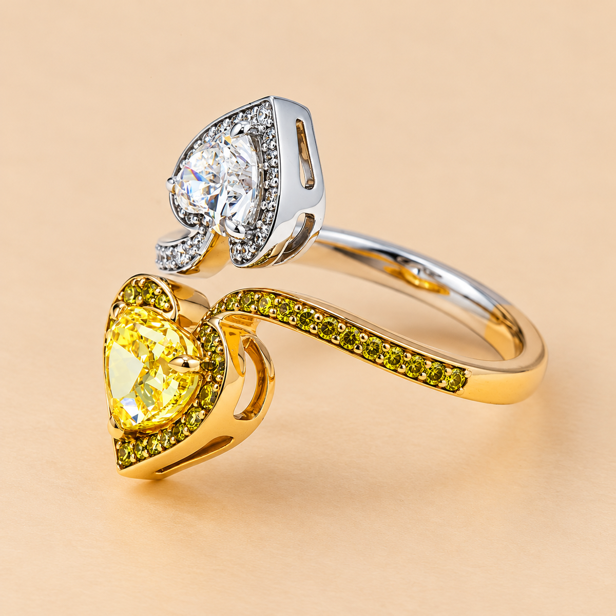 THE CHOICE - 14K Two-Tone White & Yellow Gold Lab-Grown Fancy Intense Yellow Heart Diamond Split-Shank Ring 5.18 TCW