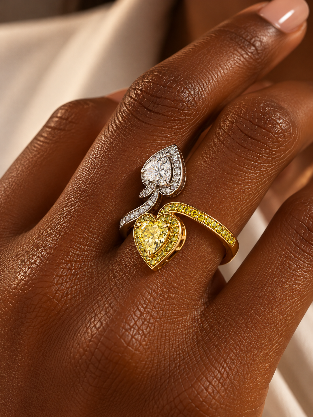 THE CHOICE - 14K Two-Tone White & Yellow Gold Lab-Grown Fancy Intense Yellow Heart Diamond Split-Shank Ring 5.18 TCW