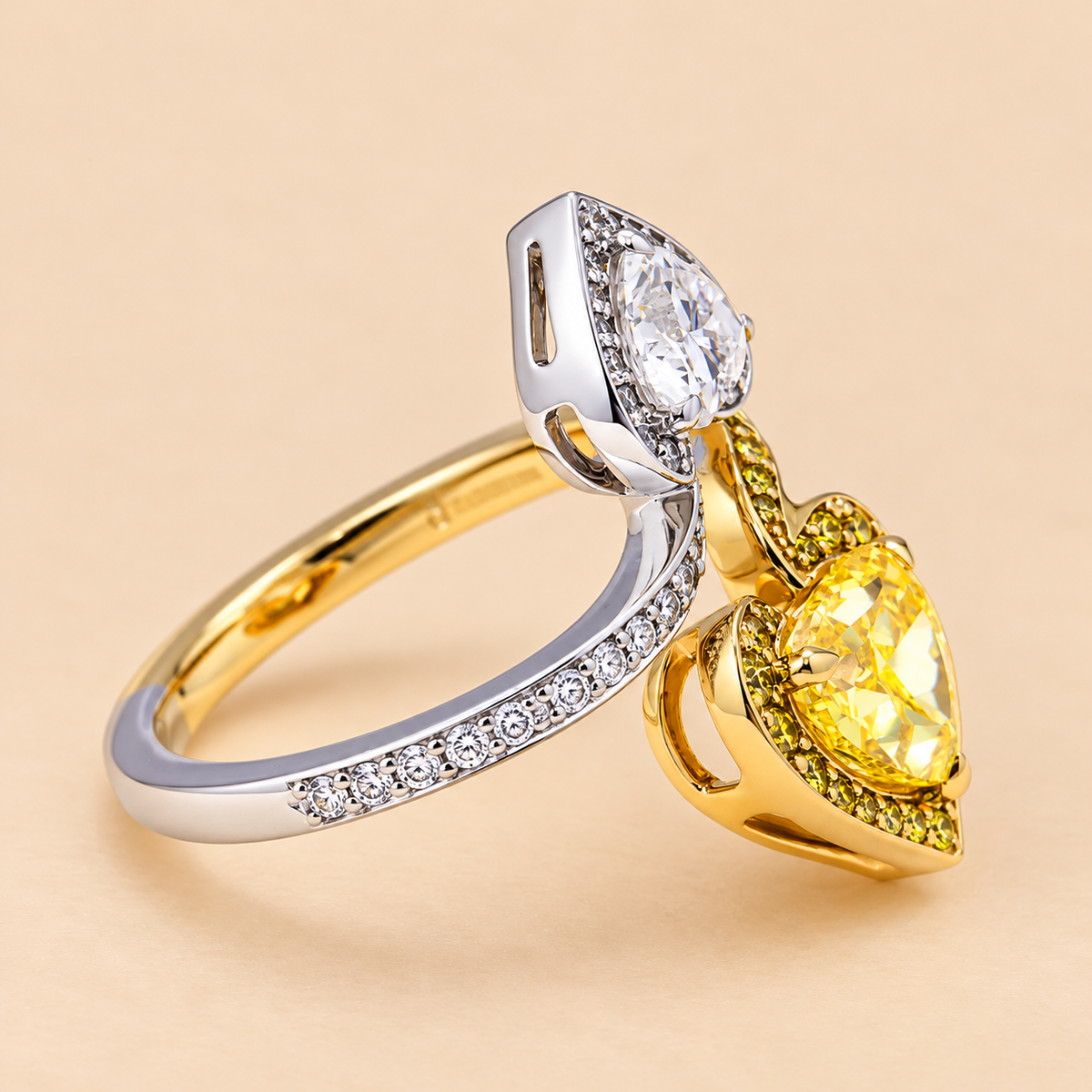 THE CHOICE - 14K Two-Tone White & Yellow Gold Lab-Grown Fancy Intense Yellow Heart Diamond Split-Shank Ring 5.18 TCW