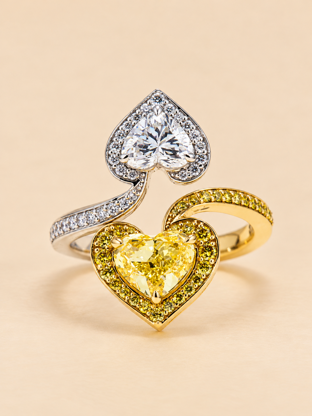 THE CHOICE - 14K Two-Tone White & Yellow Gold Lab-Grown Fancy Intense Yellow Heart Diamond Split-Shank Ring 5.18 TCW