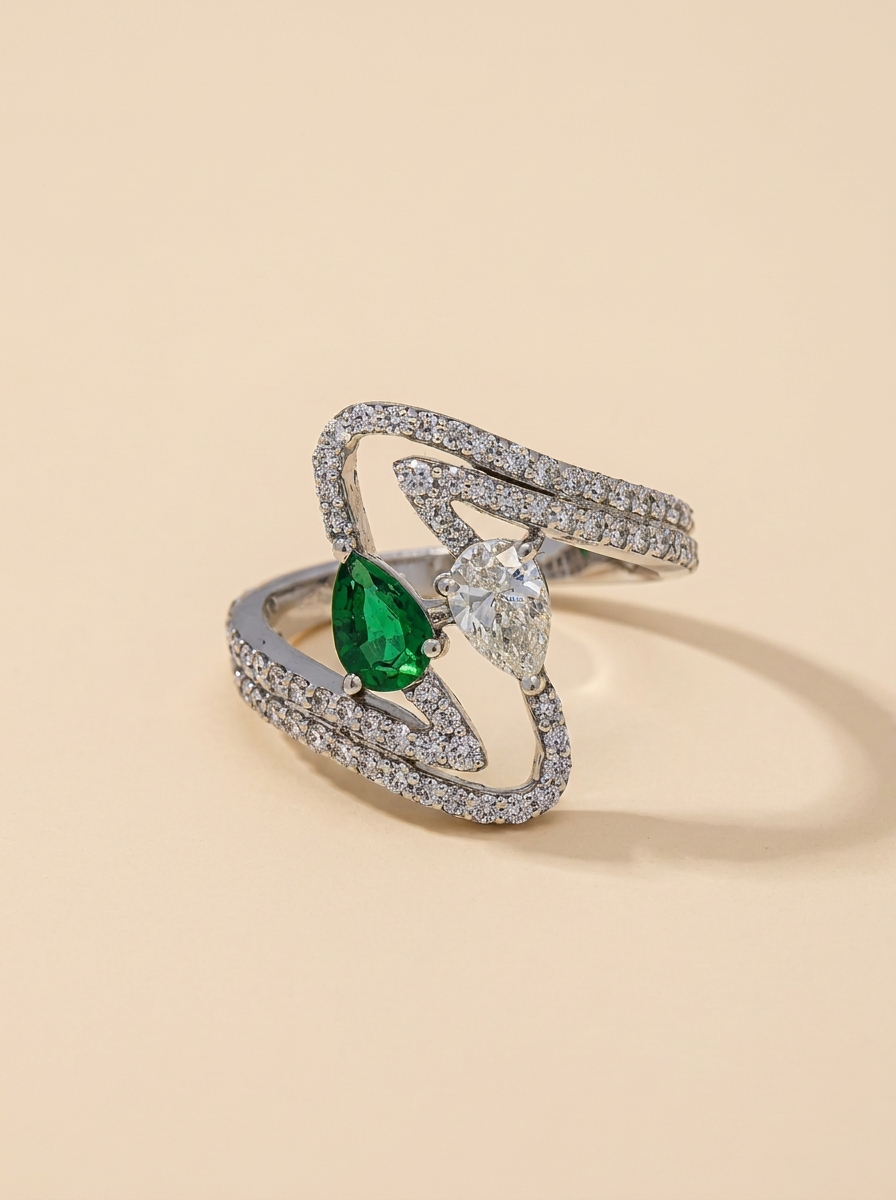 THE GREEN - White Gold Lab-Grown Diamond &amp; Green Gemstone Bypass Ring