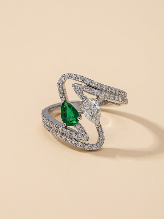 THE GREEN - White Gold Lab-Grown Diamond &amp; Green Gemstone Bypass Ring