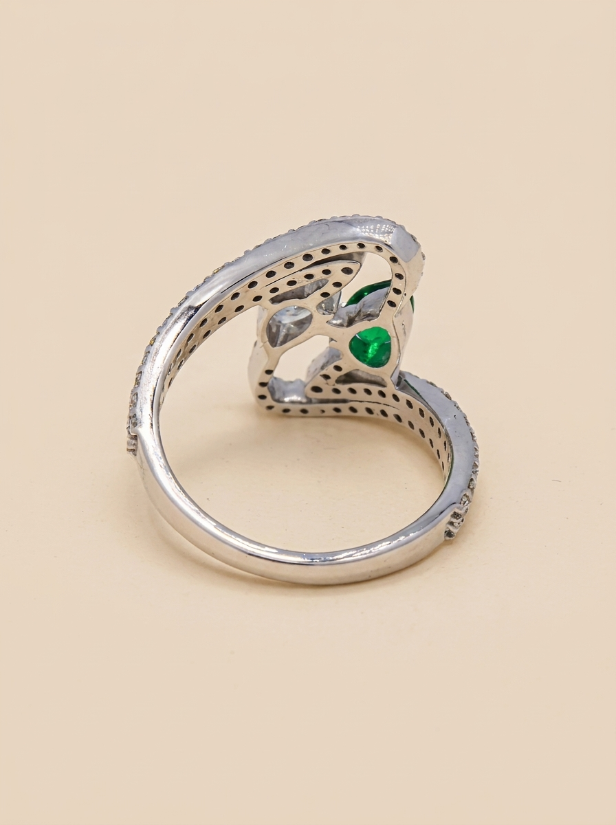 THE GREEN - White Gold Lab-Grown Diamond &amp; Green Gemstone Bypass Ring