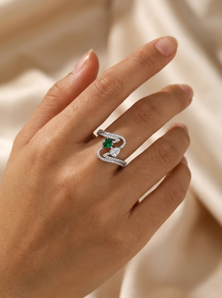 THE GREEN - White Gold Lab-Grown Diamond &amp; Green Gemstone Bypass Ring