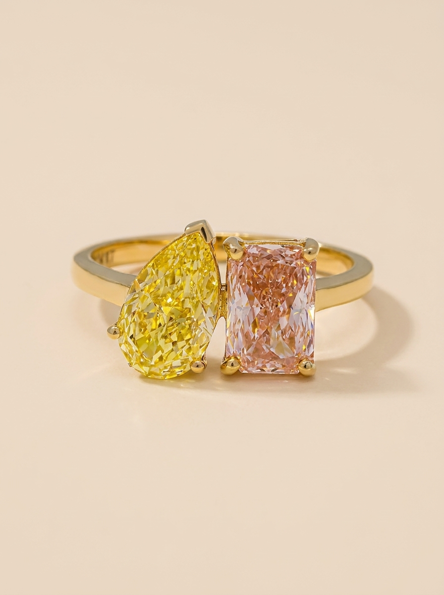 ME AND YOU - 14K Yellow Gold Fancy Yellow & Pink Lab-Grown Diamonds Toi et Moi Ring 3.25 TCW