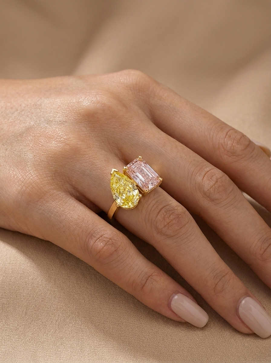 ME AND YOU - 14K Yellow Gold Fancy Yellow & Pink Lab-Grown Diamonds Toi et Moi Ring 3.25 TCW