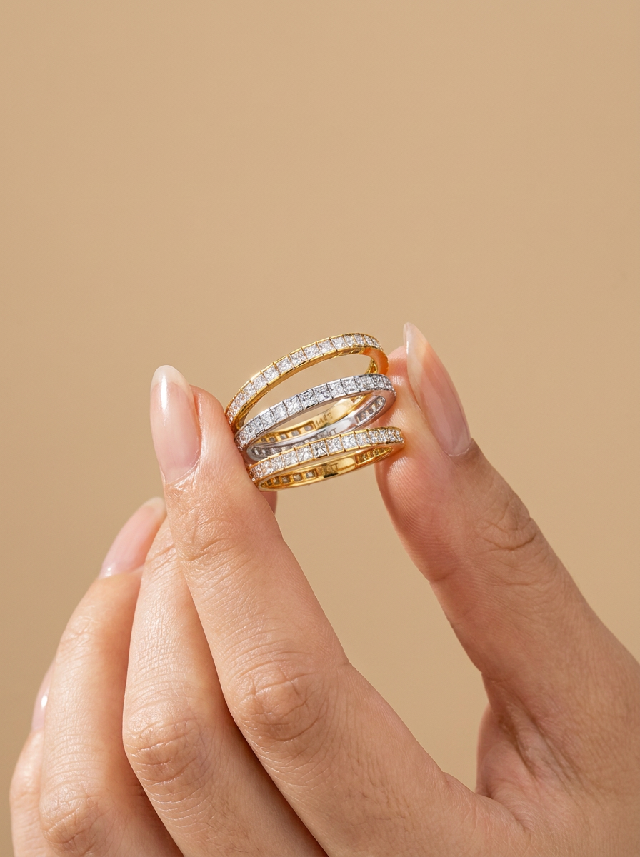 THE TRINITY – Tri-Color Gold Lab-Grown Princess-Cut Diamond Stacking Ring Set