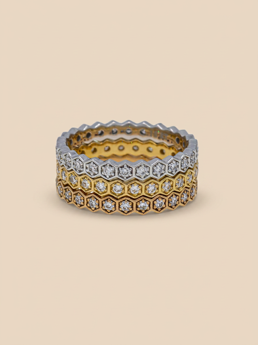 THE HARMONY – Tri-Color Gold Lab-Grown Diamond Hexagon Stacking Ring Set