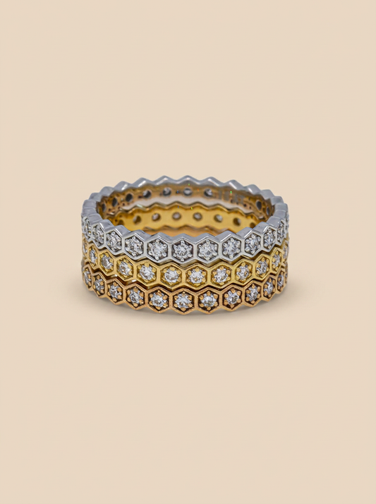 THE HARMONY – Tri-Color Gold Lab-Grown Diamond Hexagon Stacking Ring Set