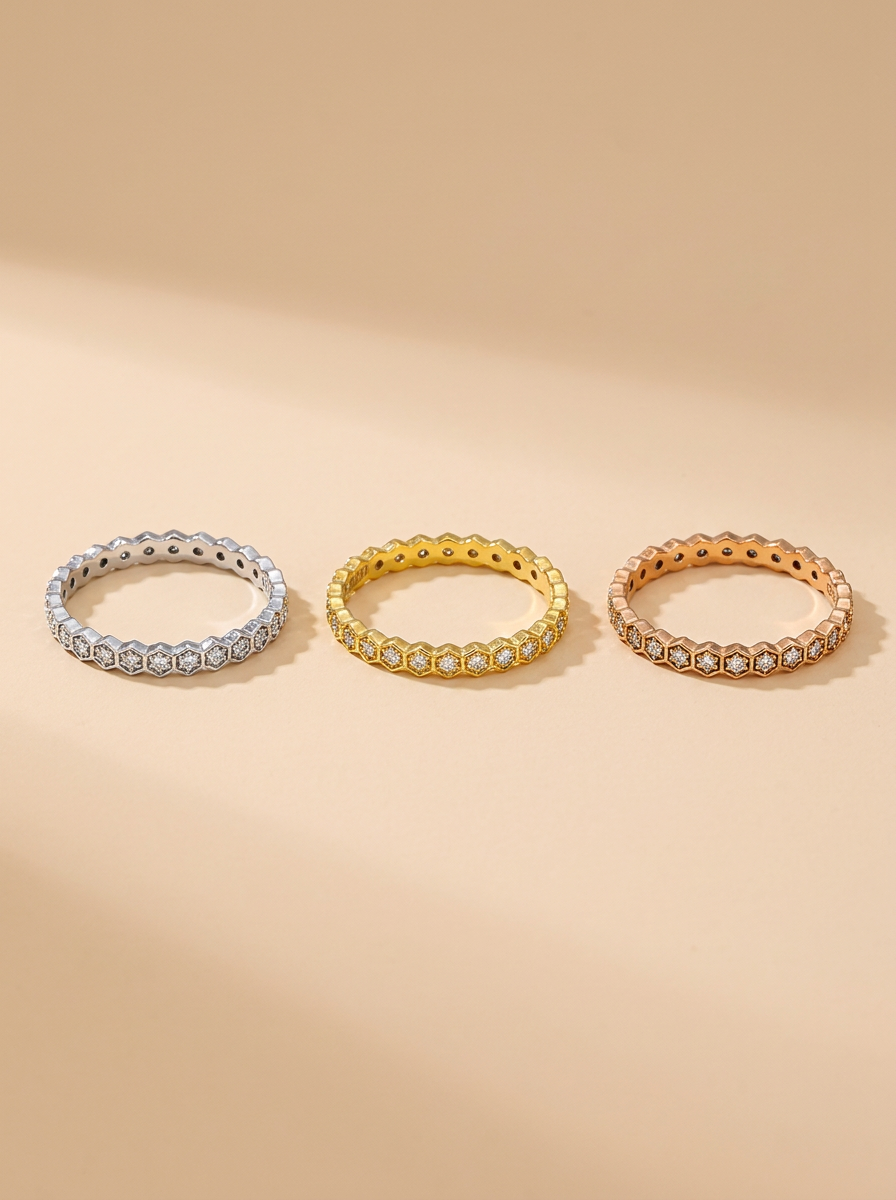 THE HARMONY – Tri-Color Gold Lab-Grown Diamond Hexagon Stacking Ring Set