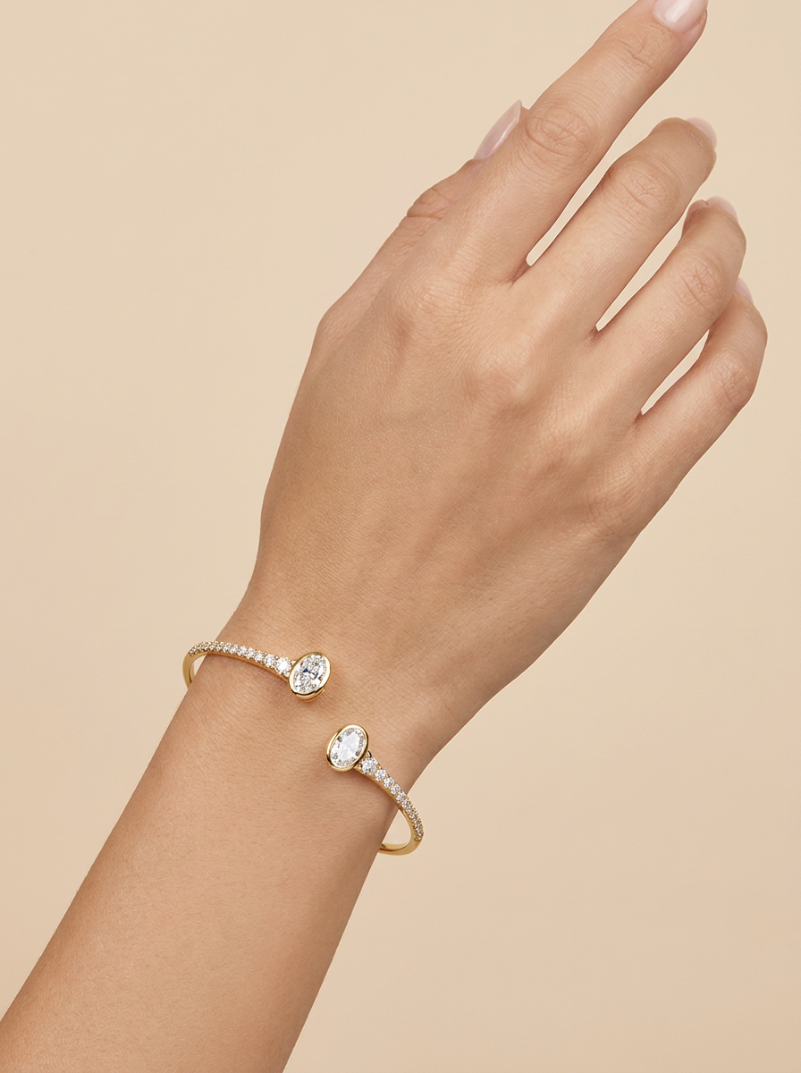 THE EMBRACE – Yellow Gold Lab-Grown Oval Diamond Bypass Bangle Bracelet