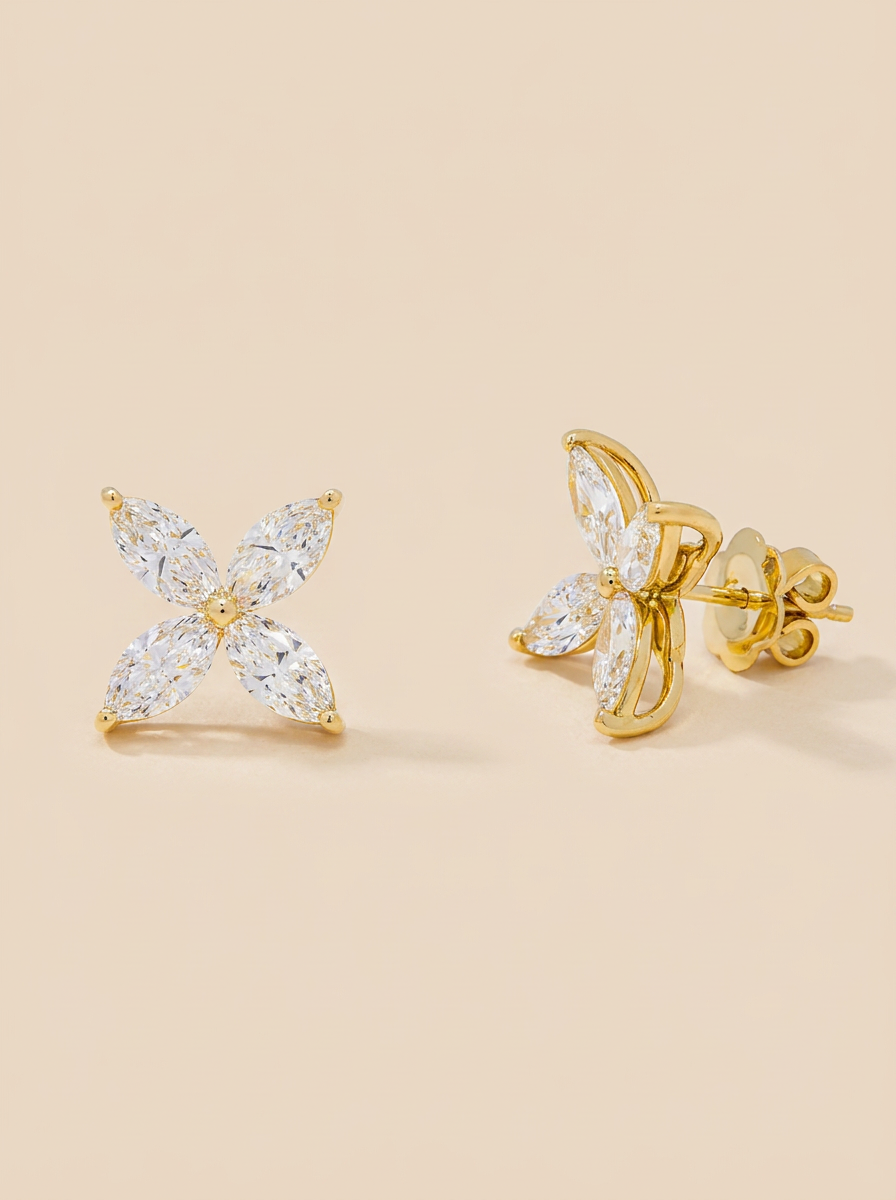 THE BLOOM – 14K Yellow Gold Lab-Grown Marquise Diamond Flower Stud Earrings 3.12 TCW