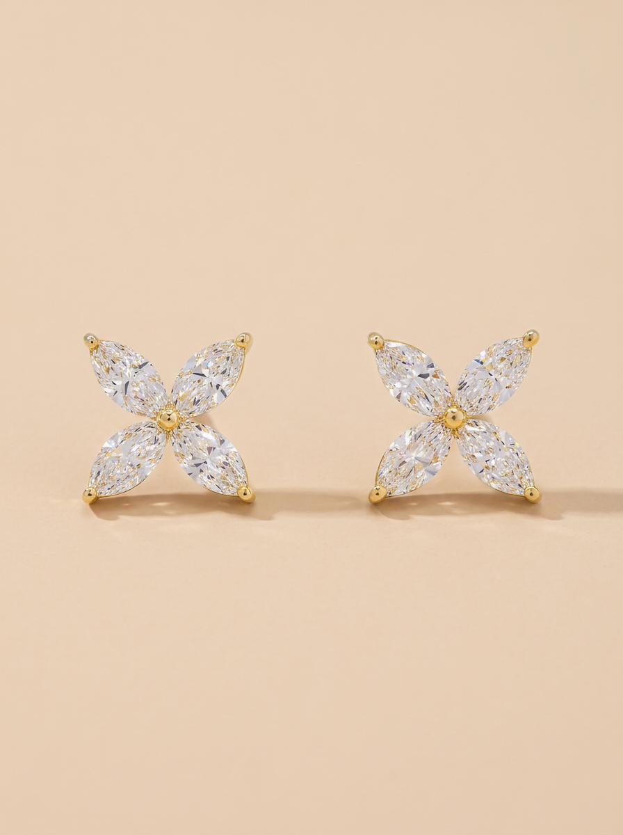THE BLOOM – 14K Yellow Gold Lab-Grown Marquise Diamond Flower Stud Earrings 3.12 TCW