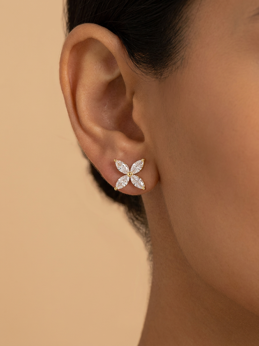 THE BLOOM – 14K Yellow Gold Lab-Grown Marquise Diamond Flower Stud Earrings 3.12 TCW