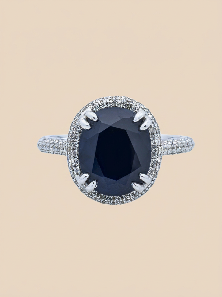 THE NOCTURNE – 18K White Gold Oval-Cut Blue Sapphire & Diamond Double Halo Ring 4.50 TCW