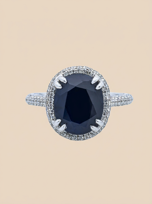 THE NOCTURNE – 18K White Gold Oval-Cut Blue Sapphire & Diamond Double Halo Ring 4.50 TCW