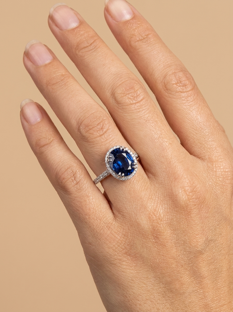 THE NOCTURNE – 18K White Gold Oval-Cut Blue Sapphire & Diamond Double Halo Ring 4.50 TCW
