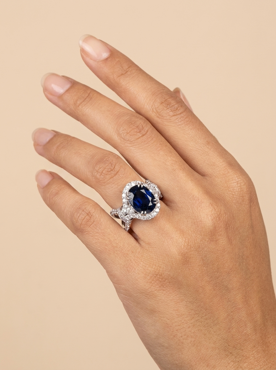 THE MAJESTY – 18K White Gold Lab-Grown Blue Sapphire & Diamond Cocktail Ring