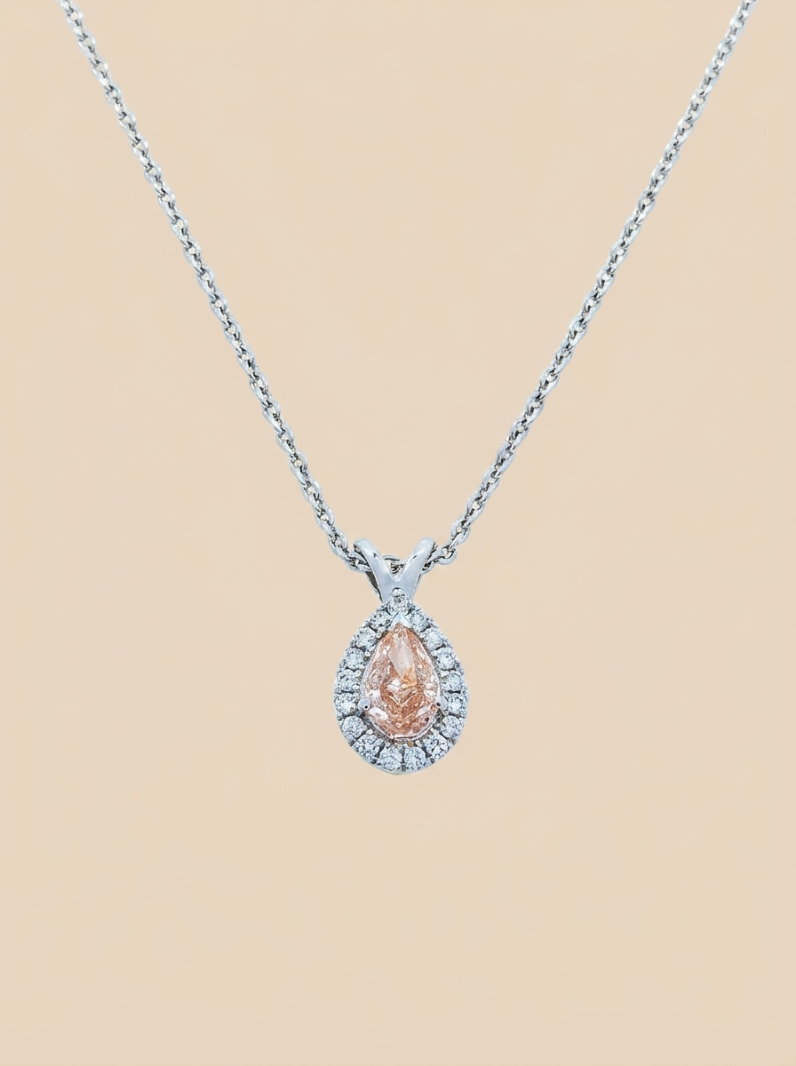THE BLUSH – 14K White Gold Lab-Grown Fancy Pink Pear Diamond Halo Pendant Necklace 0.33 TCW
